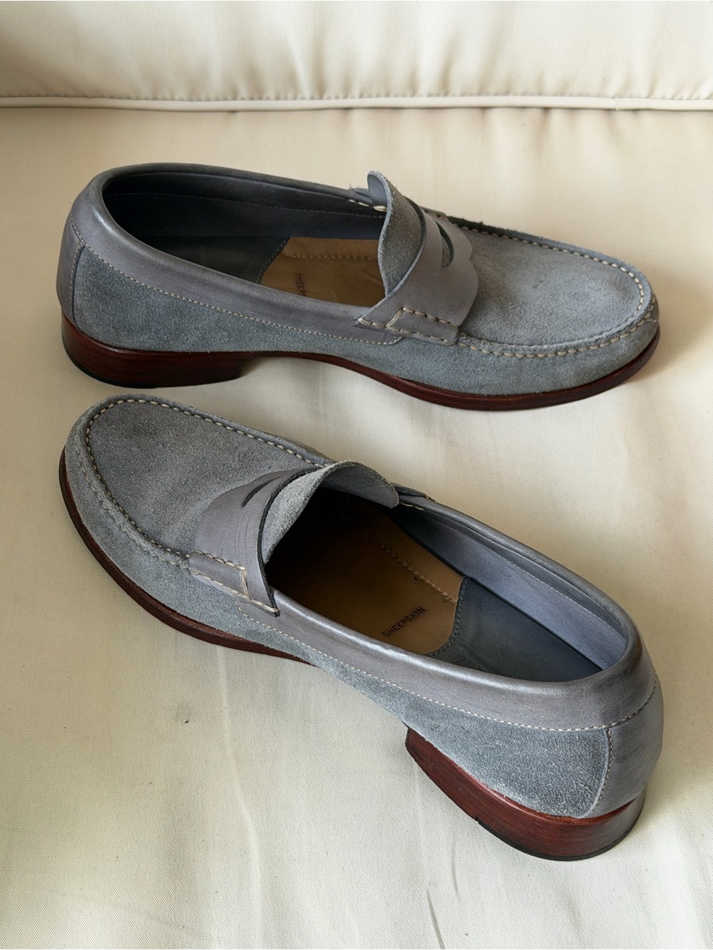 Johnston & Murphy Gray Blue Suede Penny Loafers | Sheepskin | Size 9.5 - Picture 10 of 13